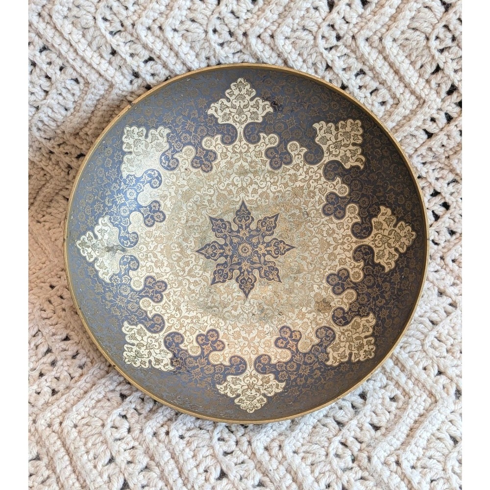 Vintage Etched Brass Bowl Blue Gold Mandala Floral Pattern 8 Inch Decorative